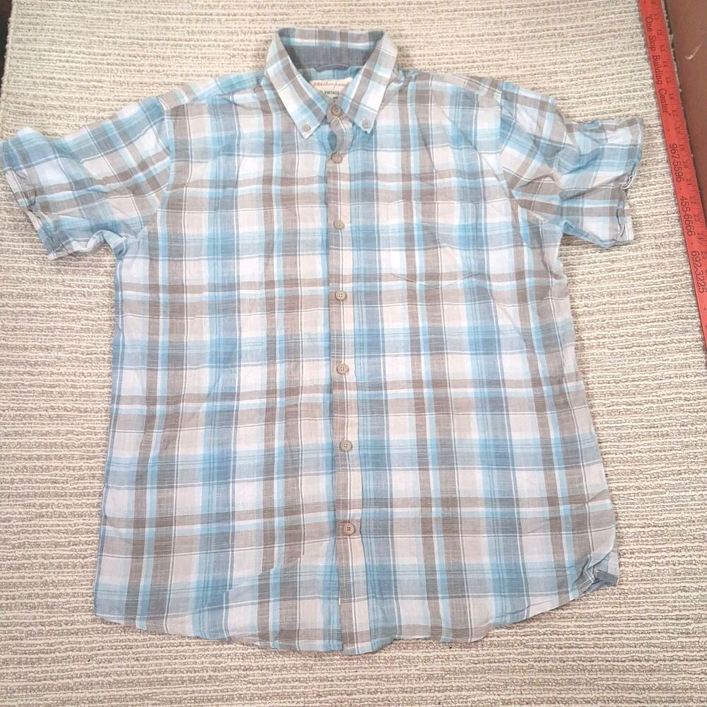Weatherproof Vintage Mens Large Plaid Short Sleeve Button Down Shirt Blue Gray L